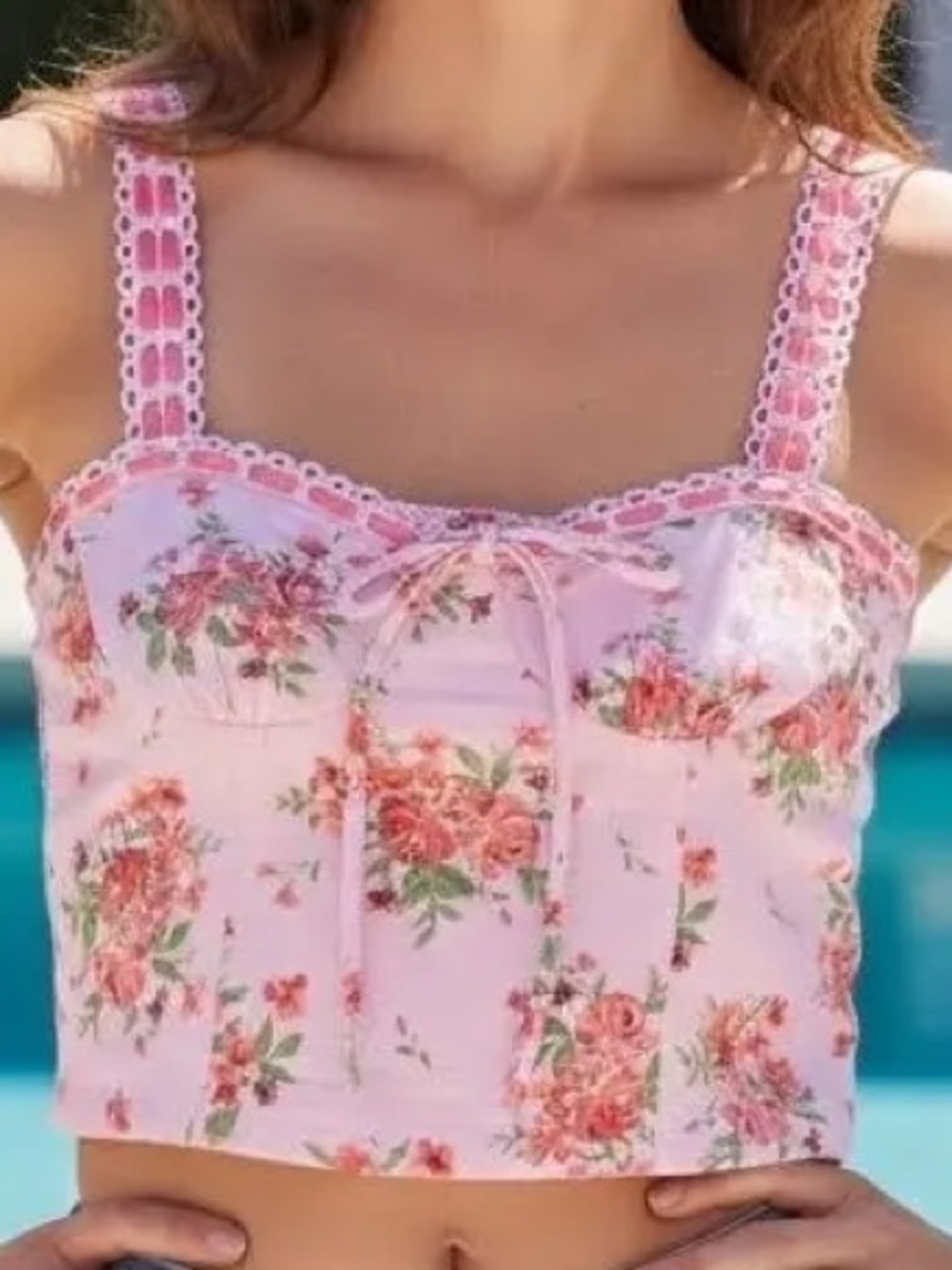 Thirty Thirty L / A Pink Floral Lace-Trim Cropped Corset Top